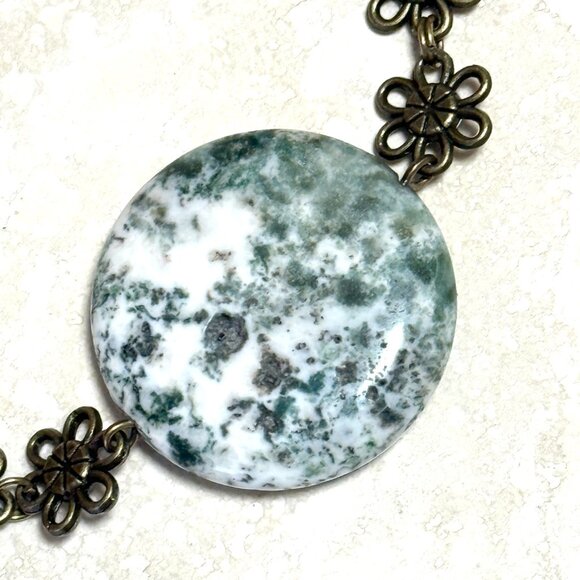 2/$20, Genuine White Green Tree Agate Bracelet, Gemstone + Antique Bronze Flower - Picture 3 of 12